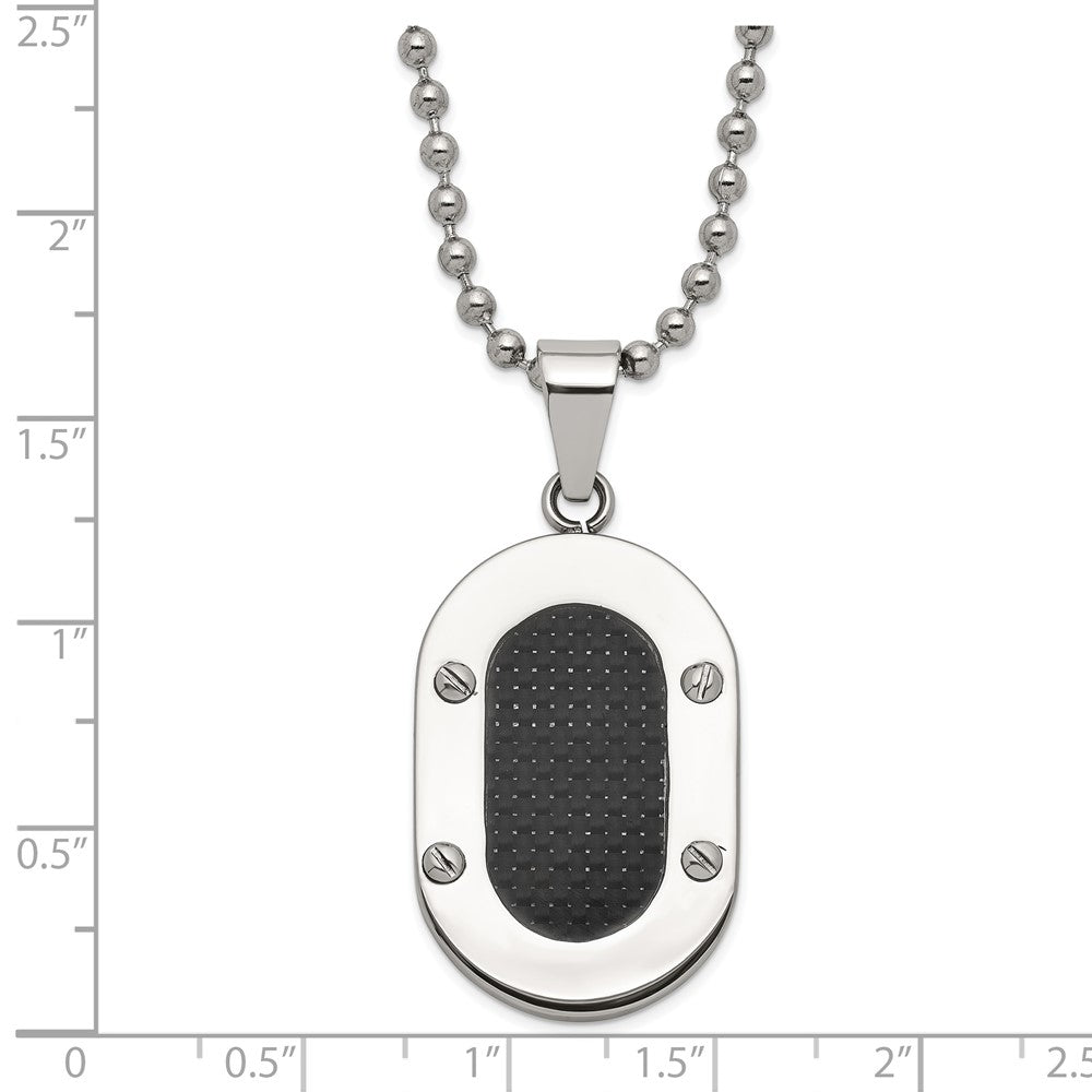 Stainless Steel Polished Black Carbon Fiber Inlay Oval Necklace