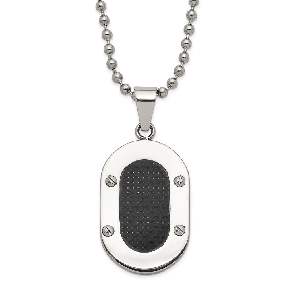 Stainless Steel Polished Black Carbon Fiber Inlay Oval Necklace