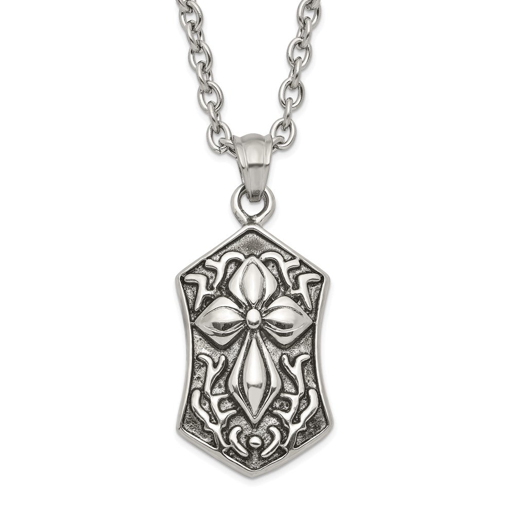 Stainless Steel Polished and Antiqued Cross Necklace