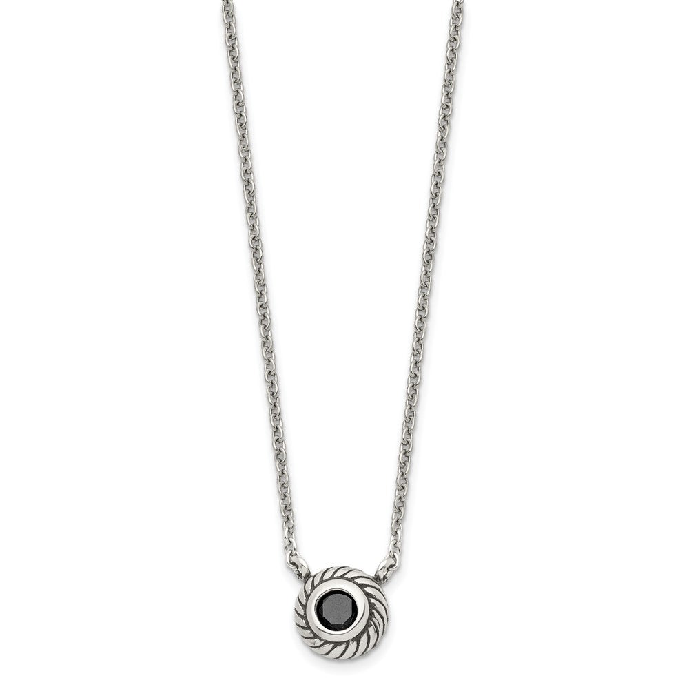 Stainless Steel Polished Black CZ Circle 18in w/1in ext Necklace