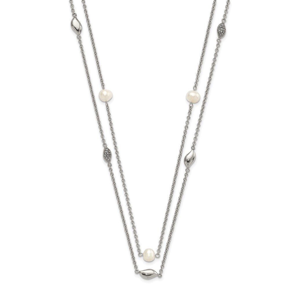 Stainless Steel Polished 2 Strand Freshwater Cultured Pearls & CZ w/ 2in ext. Necklace