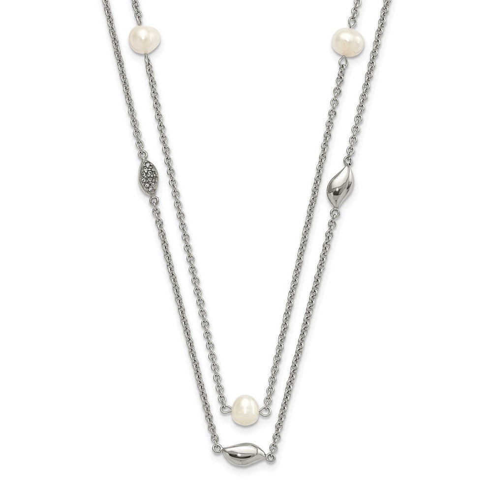 Stainless Steel Polished 2 Strand Freshwater Cultured Pearls & CZ w/ 2in ext. Necklace