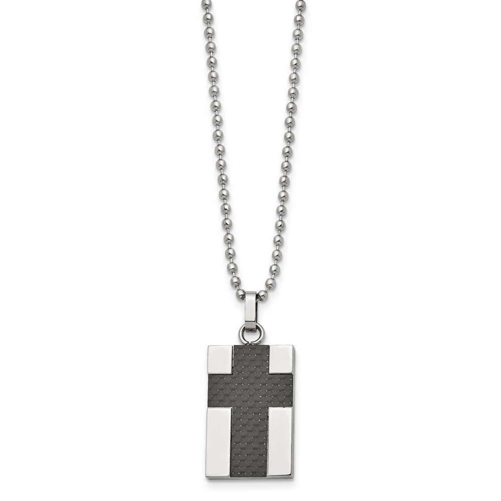 Chisel Stainless Steel Polished Carbon Fiber Inlay Cross Pendant on a 22 inch Ball Chain Necklace