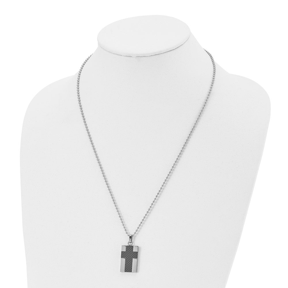 Chisel Stainless Steel Polished Carbon Fiber Inlay Cross Pendant on a 22 inch Ball Chain Necklace