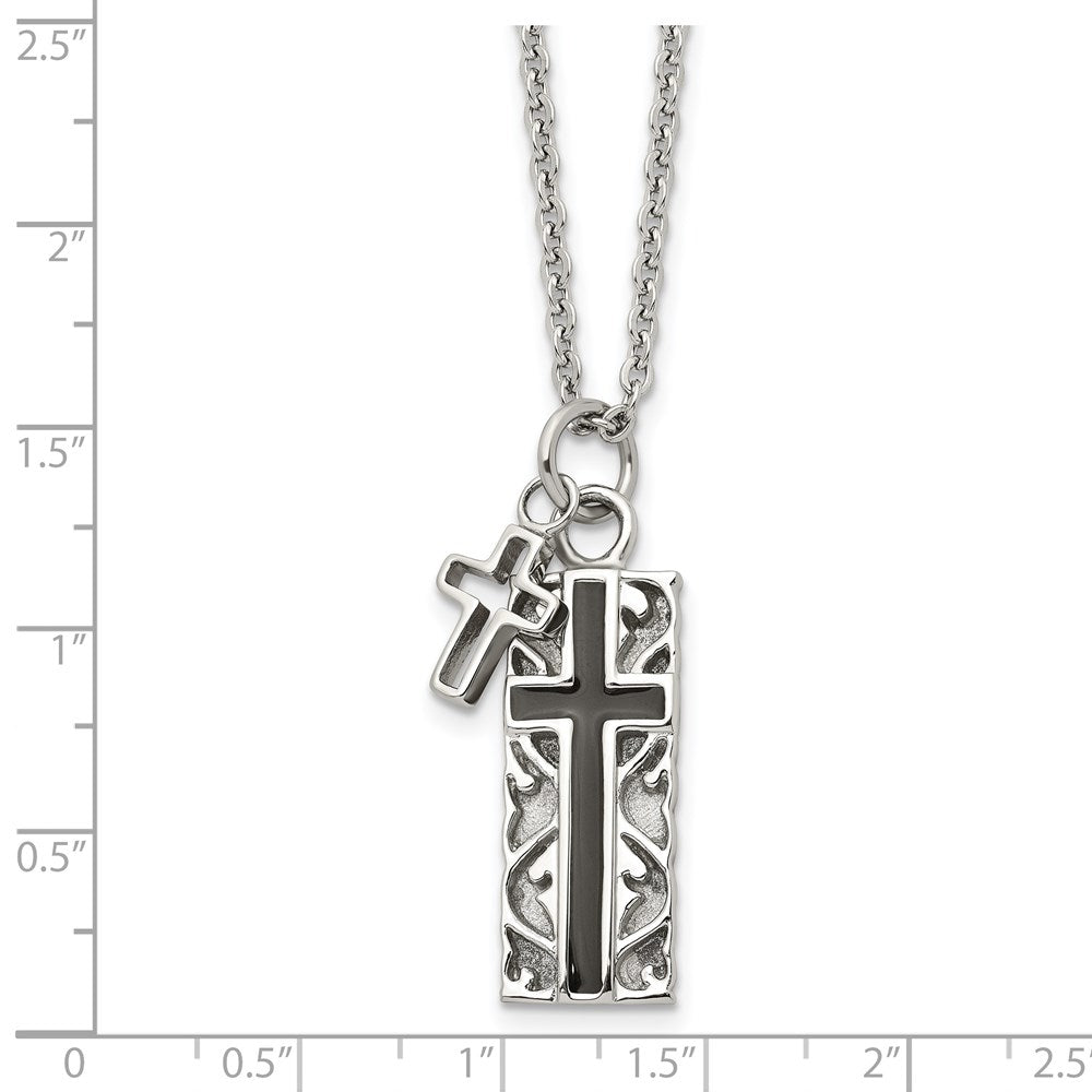 Chisel Stainless Steel Polished Black IP-plated 2 Piece Cross Pendant on a 20 inch Cable Chain Necklace