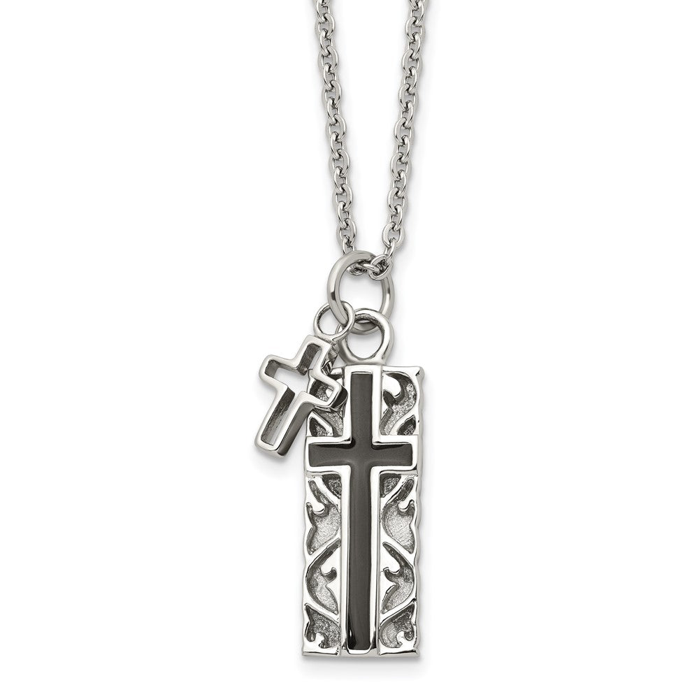 Chisel Stainless Steel Polished Black IP-plated 2 Piece Cross Pendant on a 20 inch Cable Chain Necklace