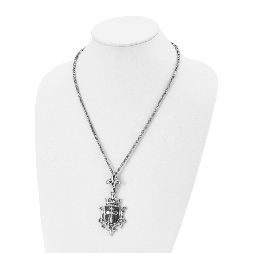 Chisel Stainless Steel Antiqued and Enameled Cross Pendant on a 22 inch Spiga Chain Necklace