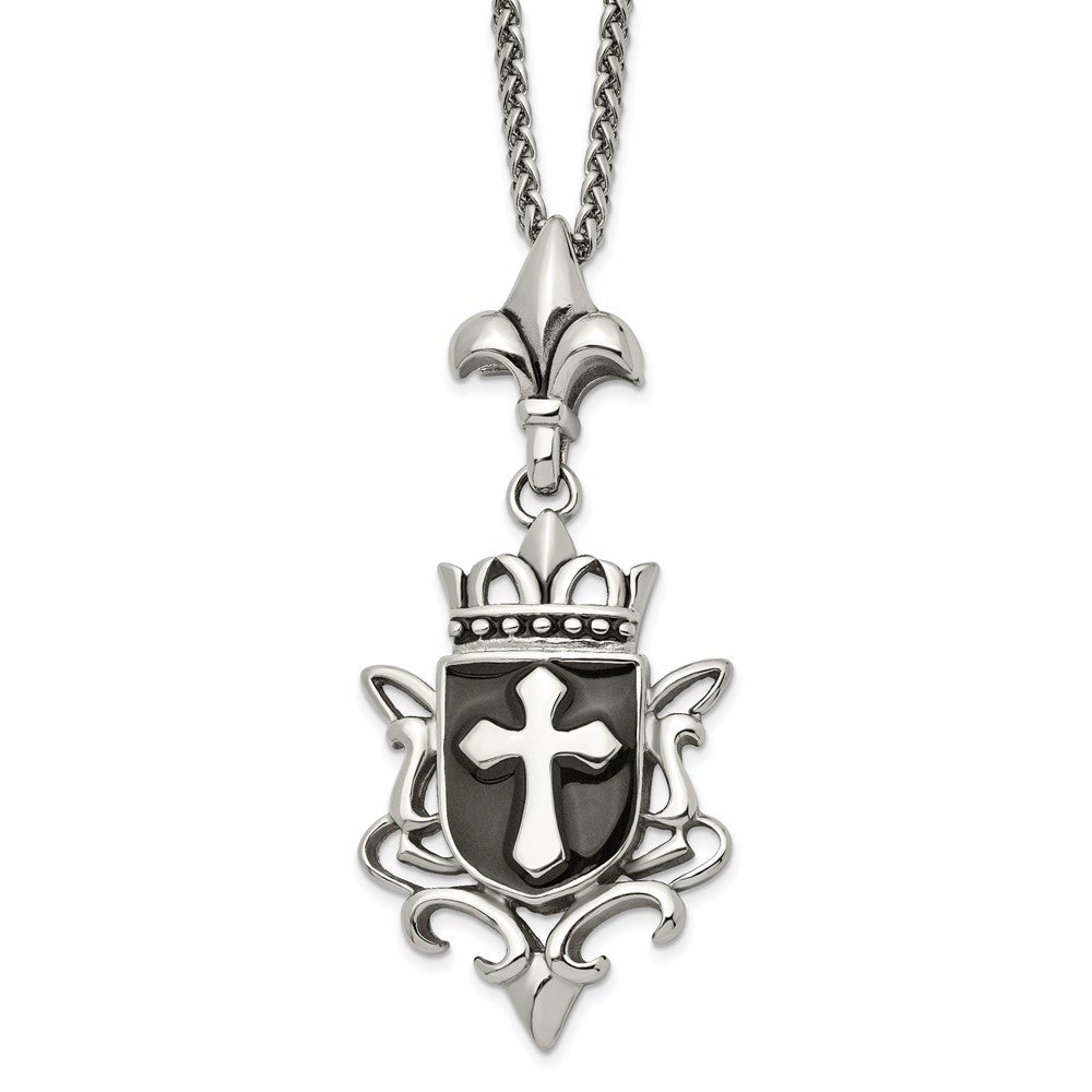 Chisel Stainless Steel Antiqued and Enameled Cross Pendant on a 22 inch Spiga Chain Necklace