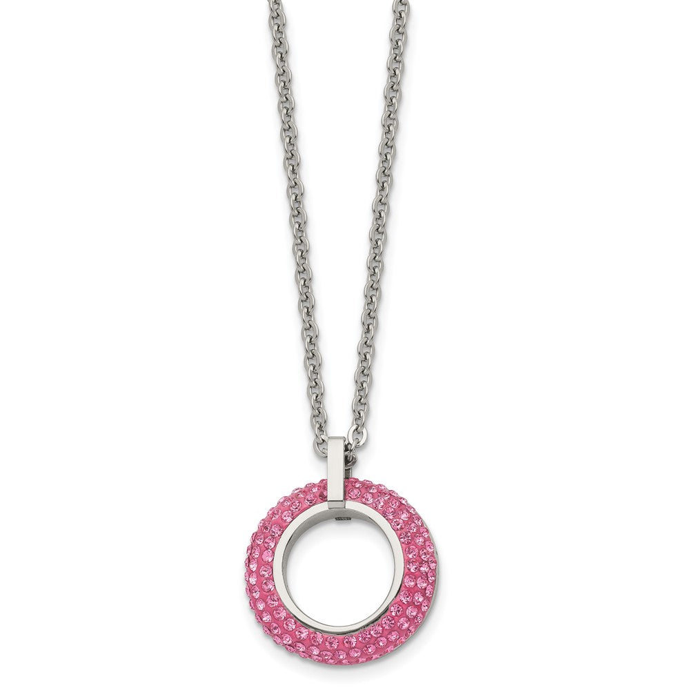 Stainless Steel Polished with Pink Crystal Circle 18in Necklace