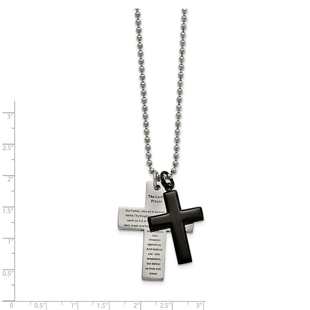 Chisel Stainless Steel Polished Black IP-plated 2 Piece Lord's Prayer Cross on a 24 inch Necklace