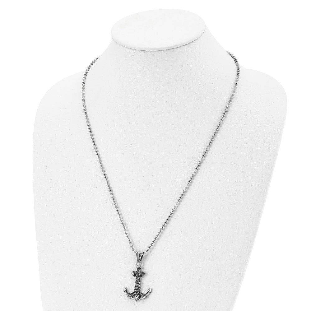 Chisel Stainless Steel Antiqued and Polished Anchor with Rope Pendant on a 24 inch Ball Chain Necklace