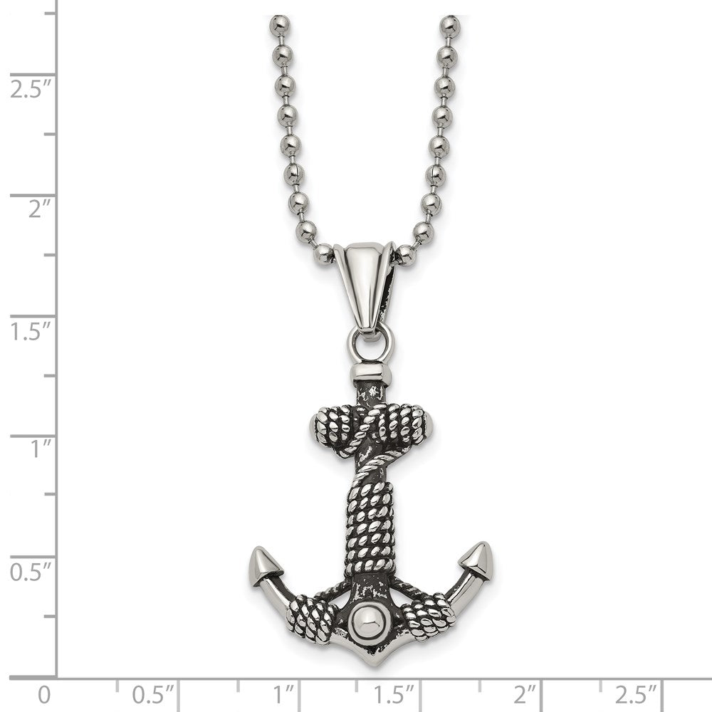 Chisel Stainless Steel Antiqued and Polished Anchor with Rope Pendant on a 24 inch Ball Chain Necklace