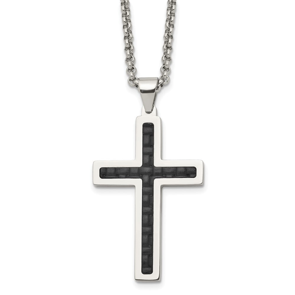 Chisel Stainless Steel Polished and Textured Black Leather Inlay Cross Pendant on a 20 inch Rolo Chain Necklace