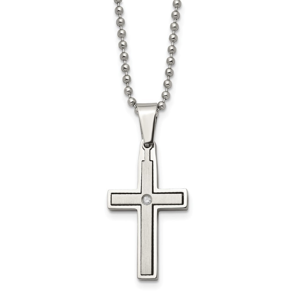 Chisel Stainless Steel Brushed and Polished .03 carat Diamond Cross Pendant on a 22 inch Ball Chain Necklace