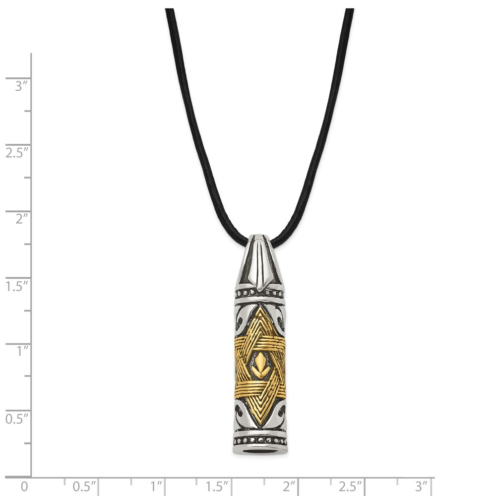 Chisel Stainless Steel Antiqued and Polished with Yellow IP-plated  Accent Star of David Pendant on a 20 inch Leather Cord...