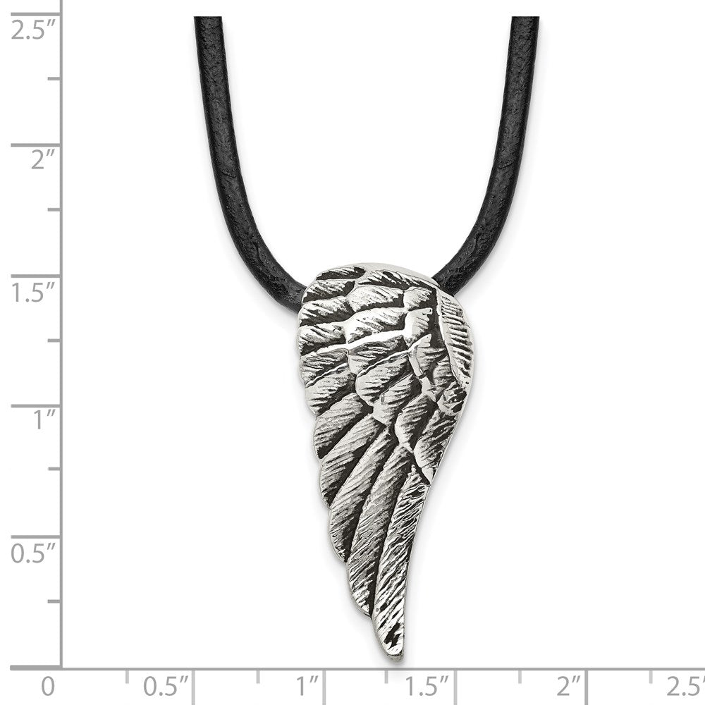 Chisel Stainless Steel Antiqued and Polished Wing Pendant on a 20 inch Leather Cord Necklace