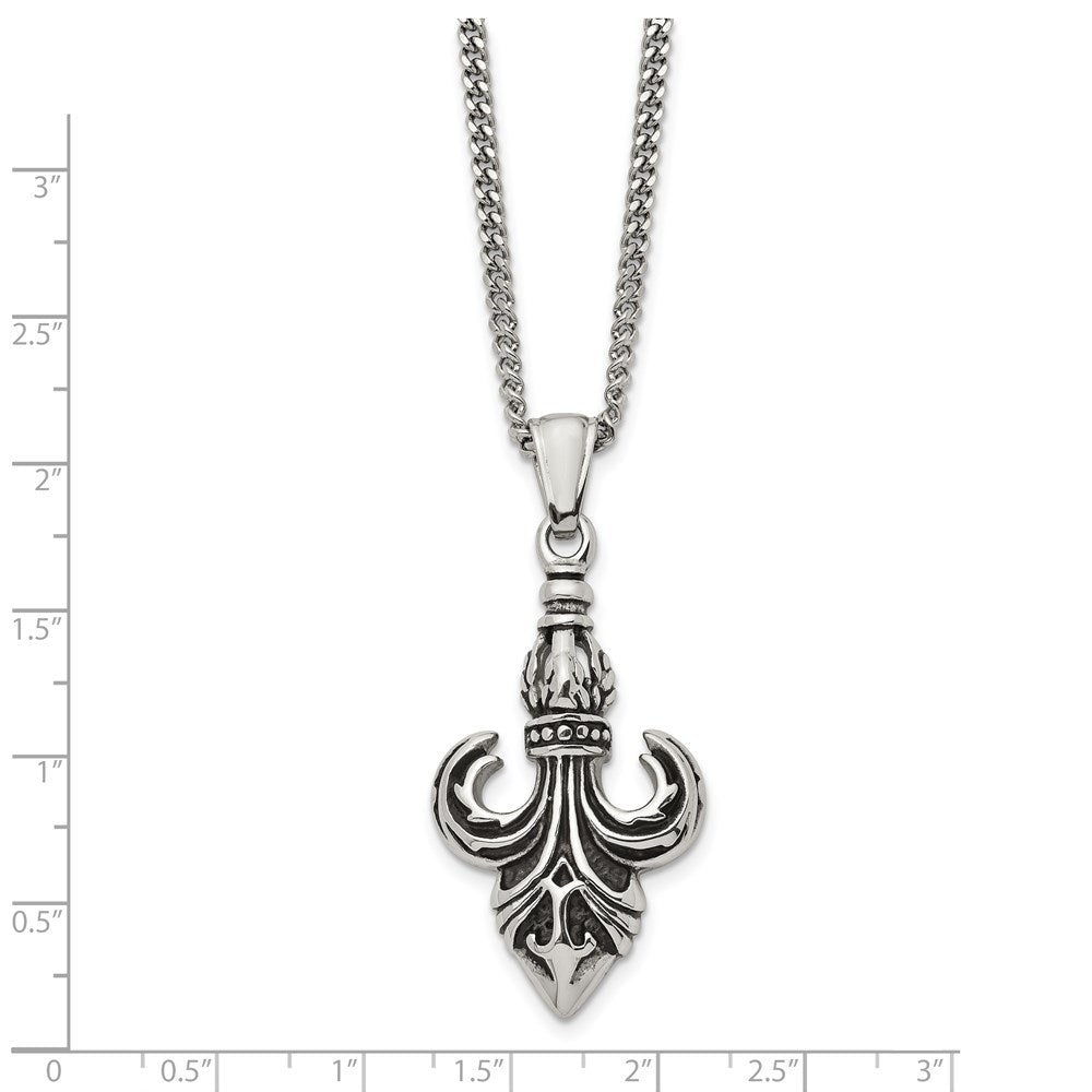 Chisel Stainless Steel Antiqued and Polished Fleur de lis Pendant on a 22 inch Curb Chain Necklace