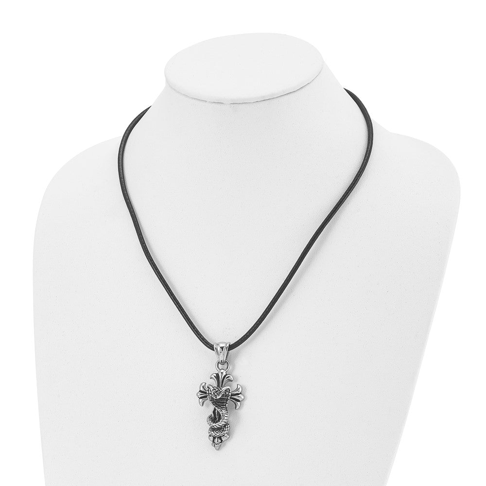 Chisel Stainless Steel Antiqued and Polished Snake on Cross Pendant on a 20 inch Leather Cord Necklace