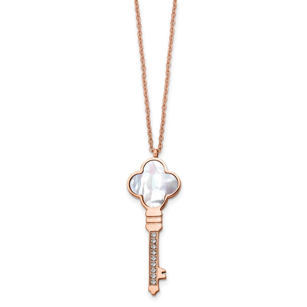 Chisel Stainless Steel Polished Rose IP-plated CZ and Mother of Pearl Key Pendant on a 16 inch Cable Chain with a 2 inch E...