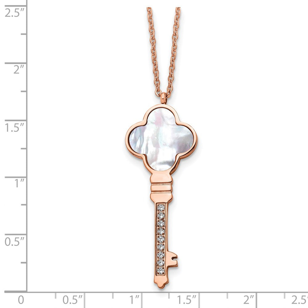 Chisel Stainless Steel Polished Rose IP-plated CZ and Mother of Pearl Key Pendant on a 16 inch Cable Chain with a 2 inch E...