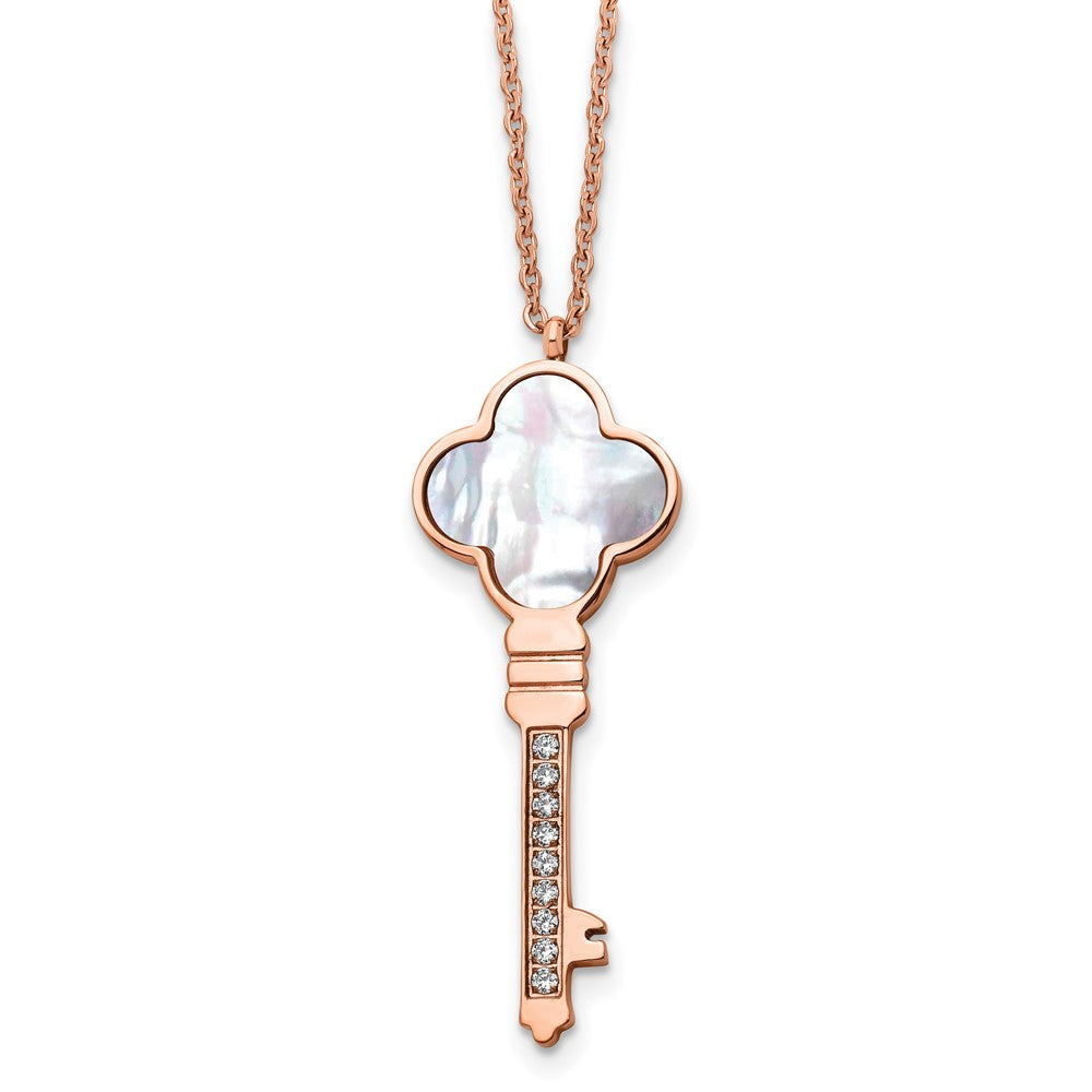 Chisel Stainless Steel Polished Rose IP-plated CZ and Mother of Pearl Key Pendant on a 16 inch Cable Chain with a 2 inch E...