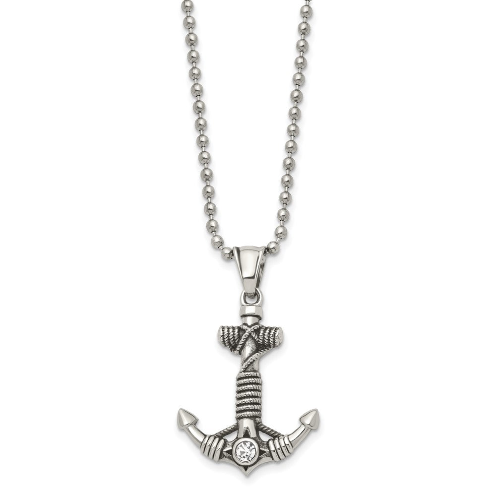 Chisel Stainless Steel Antiqued and Polished with CZ Anchor with Rope Pendant on a 20 inch Ball Chain Necklace