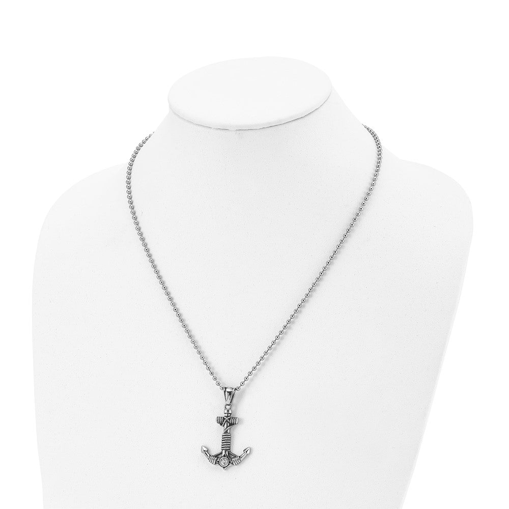 Chisel Stainless Steel Antiqued and Polished with CZ Anchor with Rope Pendant on a 20 inch Ball Chain Necklace