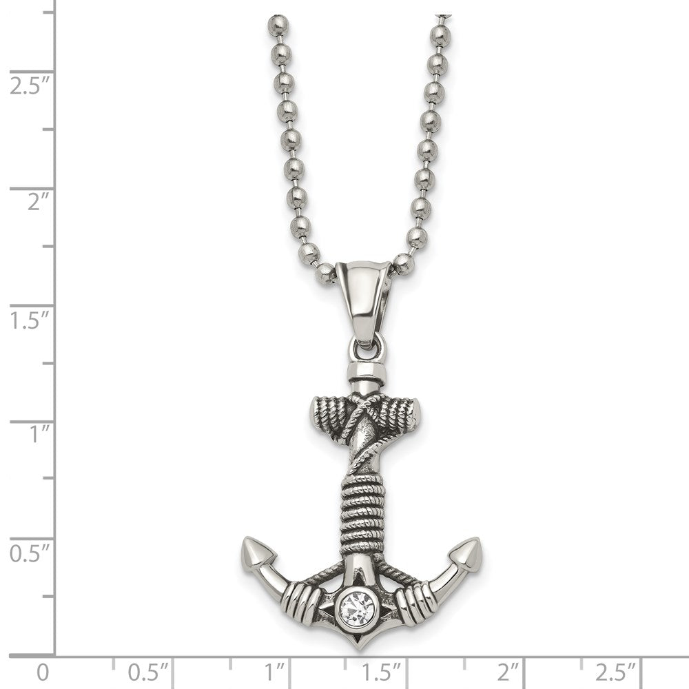 Chisel Stainless Steel Antiqued and Polished with CZ Anchor with Rope Pendant on a 20 inch Ball Chain Necklace