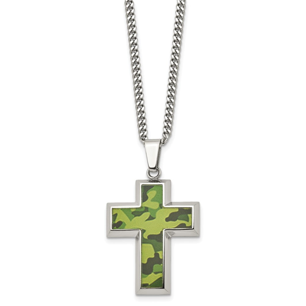 Chisel Stainless Steel Polished Printed Green Camo Under Rubber Cross Pendant on a 22 inch Curb Chain Necklace