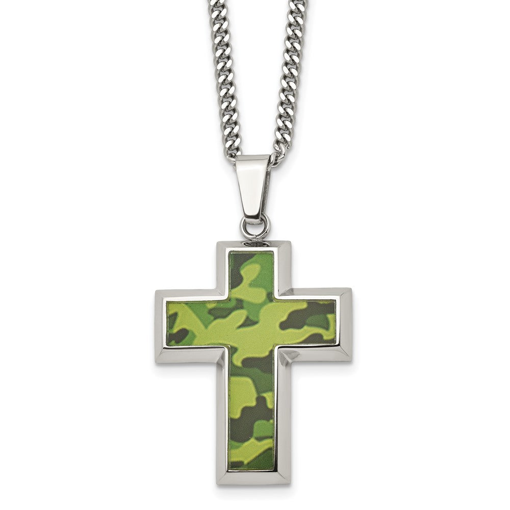 Chisel Stainless Steel Polished Printed Green Camo Under Rubber Cross Pendant on a 22 inch Curb Chain Necklace