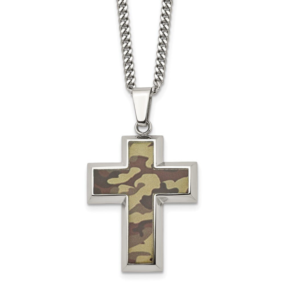 Chisel Stainless Steel Polished Printed Brown Camo Under Rubber Cross Pendant on a 22 inch Curb Chain Necklace