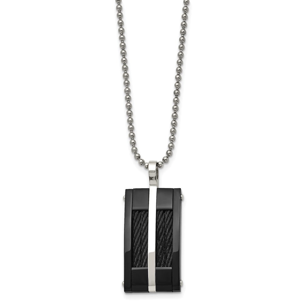 Stainless Steel  20in Polished Black IP-plated w/Cable Rectangle Necklace