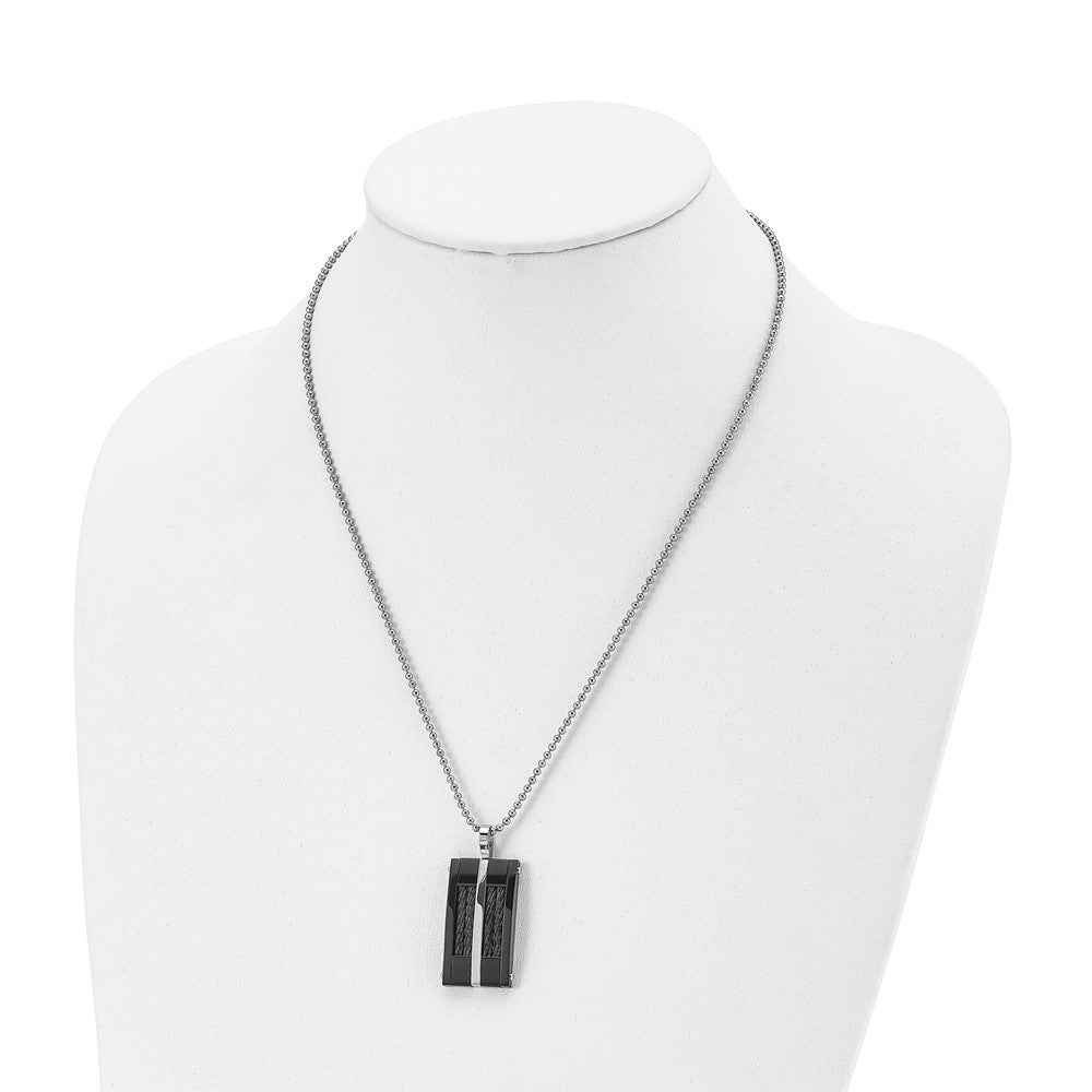 Stainless Steel  20in Polished Black IP-plated w/Cable Rectangle Necklace