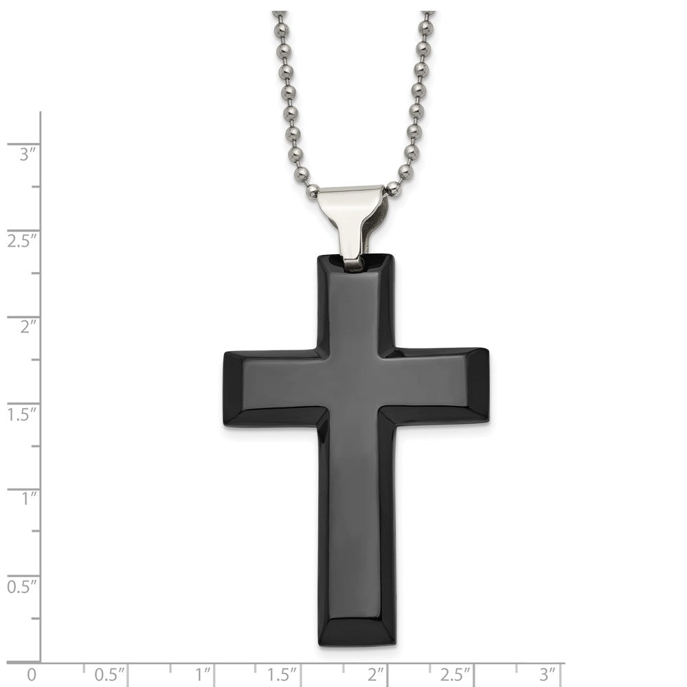 Chisel Stainless Steel Polished Black IP-plated Large Cross Pendant on a 24 inch Ball Chain Necklace