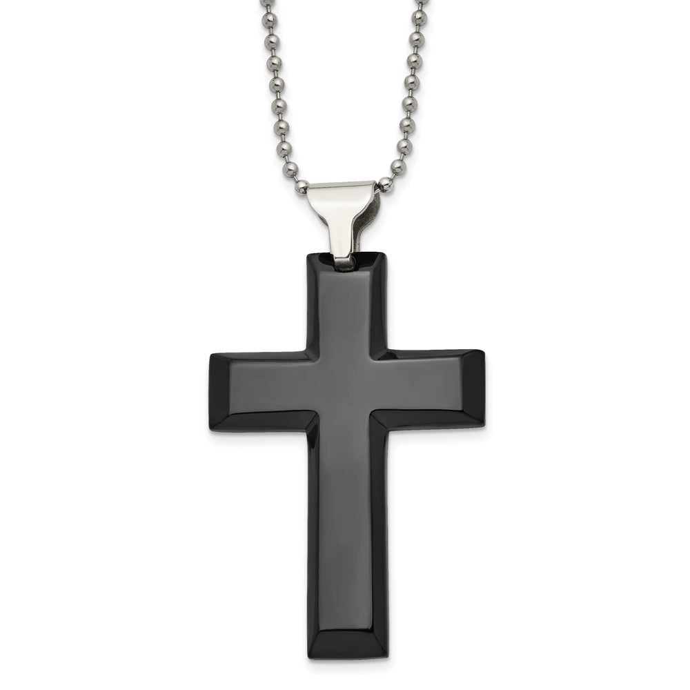 Chisel Stainless Steel Polished Black IP-plated Large Cross Pendant on a 24 inch Ball Chain Necklace