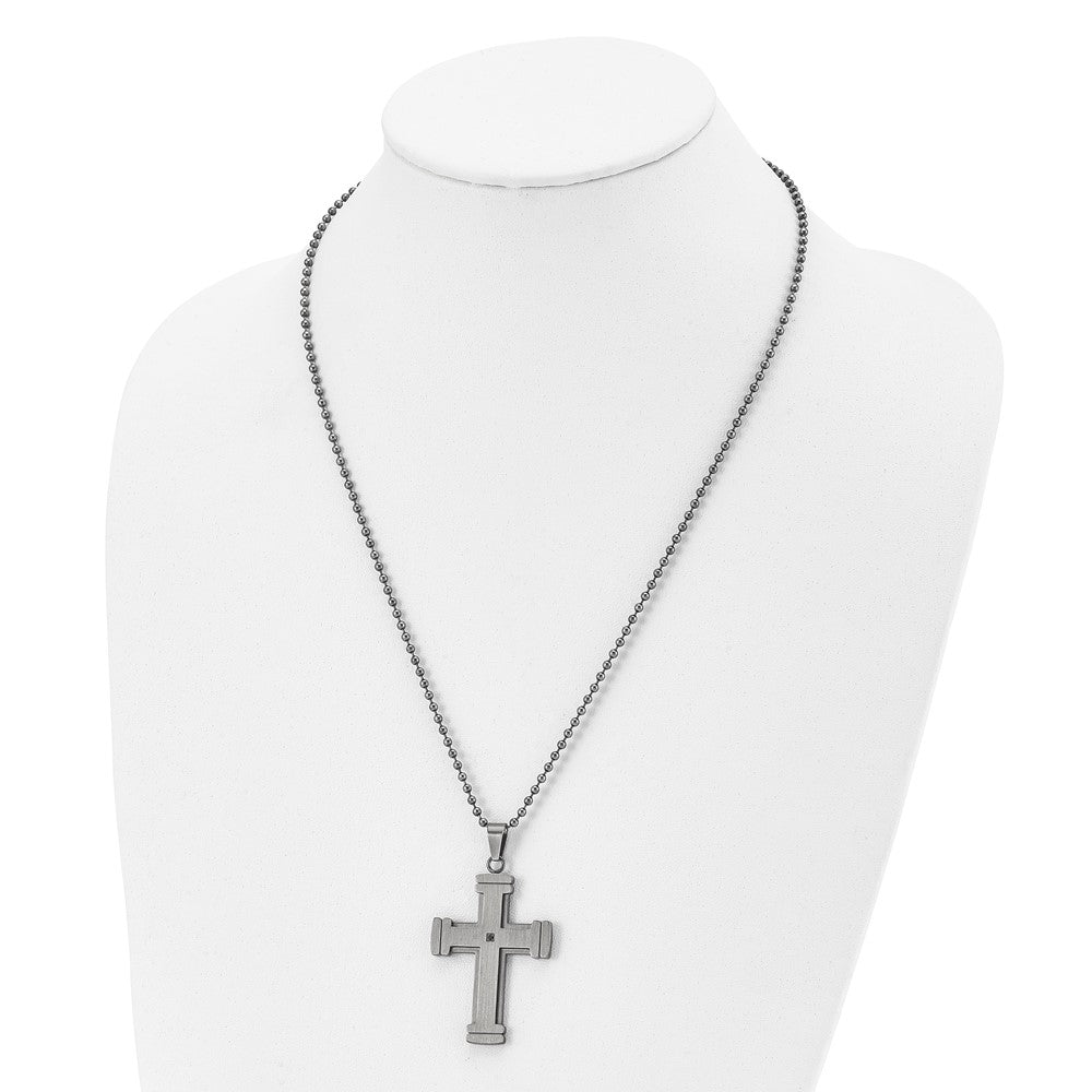 Chisel Stainless Steel Antiqued Brushed and Polished with Black CZ Cross Pendant on a 22 inch Ball Chain Necklace