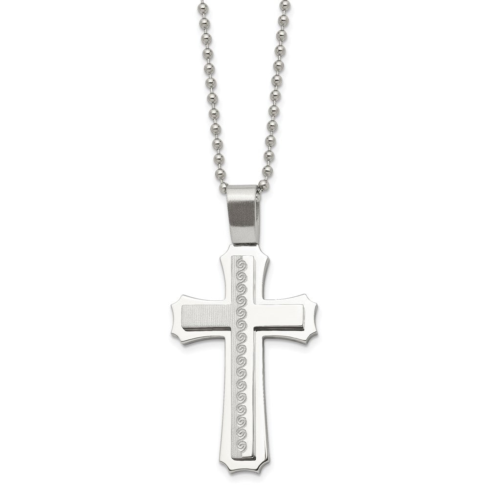 Chisel Stainless Steel Brushed and Polished Swirl Design Cross Pendant on a 24 inch Ball Chain Necklace