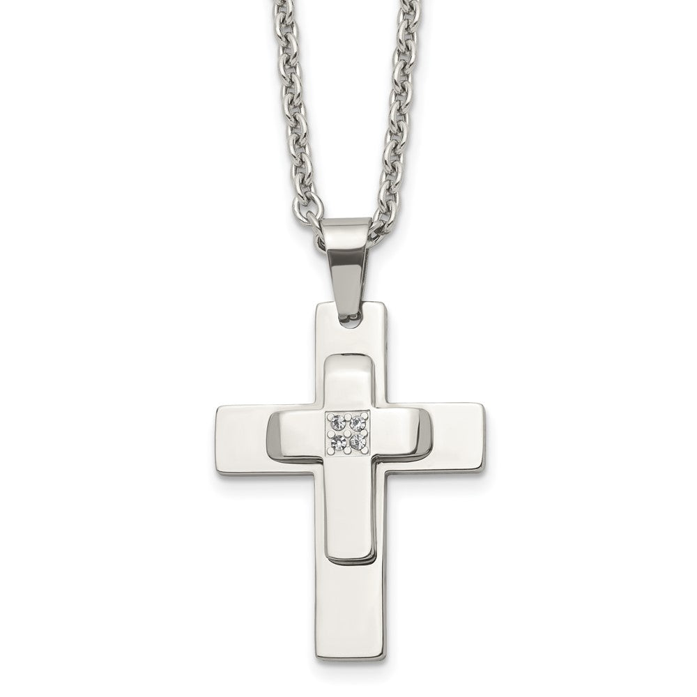 Chisel Stainless Steel Polished with CZ Cross Pendant on a 22 inch Cable Chain Necklace