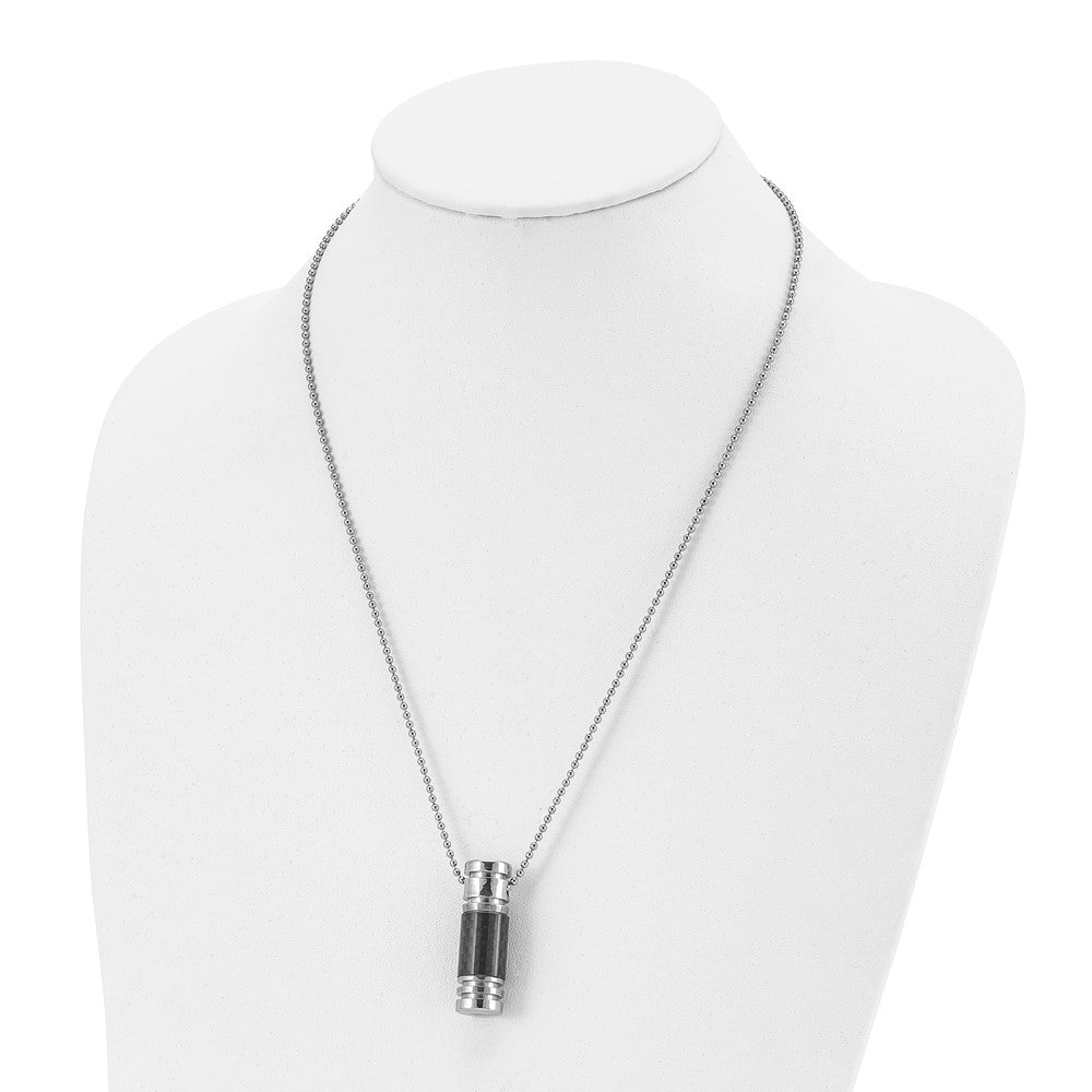 Chisel Stainless Steel Polished with Black Carbon Fiber Inlay Cylinder on a 22 inch Ball Chain Necklace