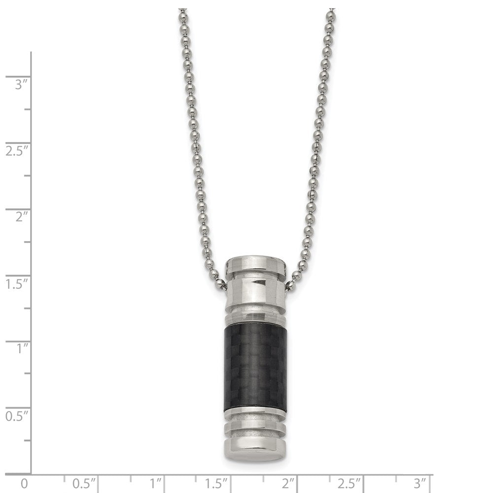 Chisel Stainless Steel Polished with Black Carbon Fiber Inlay Cylinder on a 22 inch Ball Chain Necklace