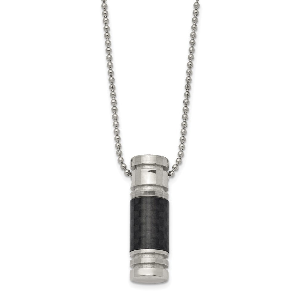 Chisel Stainless Steel Polished with Black Carbon Fiber Inlay Cylinder on a 22 inch Ball Chain Necklace