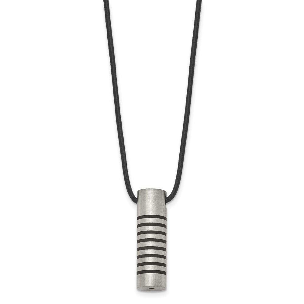 Chisel Stainless Steel Brushed and Polished with Black Rubber Cylinder on an 18 inch Leather Cord Necklace