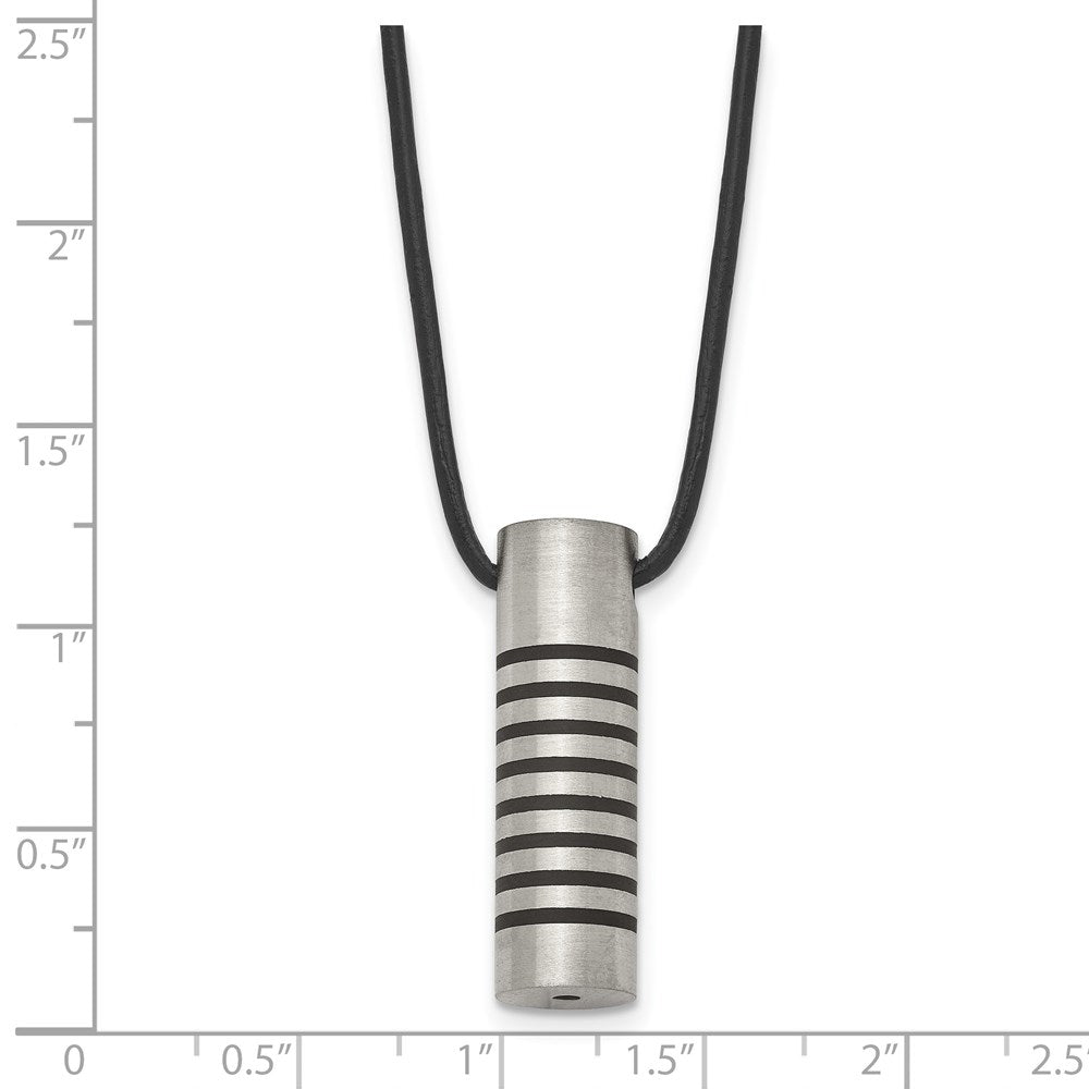 Chisel Stainless Steel Brushed and Polished with Black Rubber Cylinder on an 18 inch Leather Cord Necklace