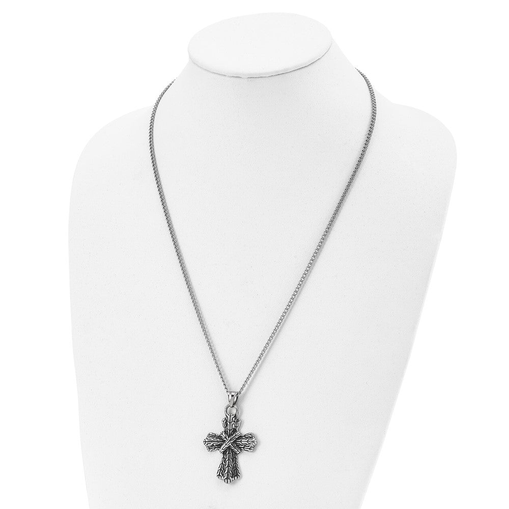 Stainless Steel Antiqued Polished and Textured Cross 24in Necklace