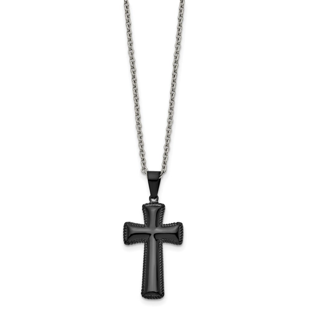 Chisel Stainless Steel Polished Black IP-plated Medium Pillow Cross Pendant on an 18 inch Cable Chain Necklace