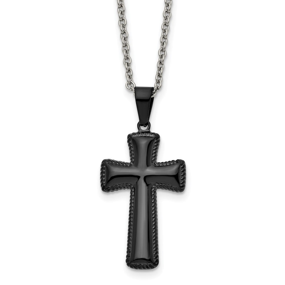 Chisel Stainless Steel Polished Black IP-plated Medium Pillow Cross Pendant on an 18 inch Cable Chain Necklace