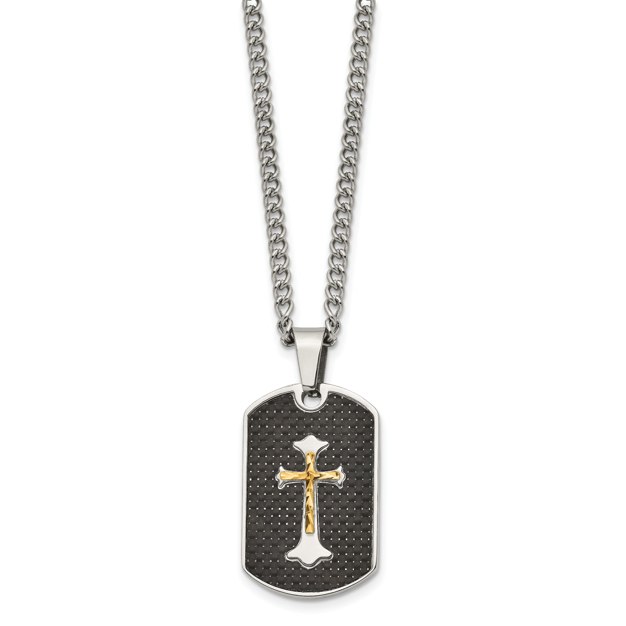 Stainless Steel Carbon Fiber Inlay Gold IP-plated D/C Cross Necklace SRN1947