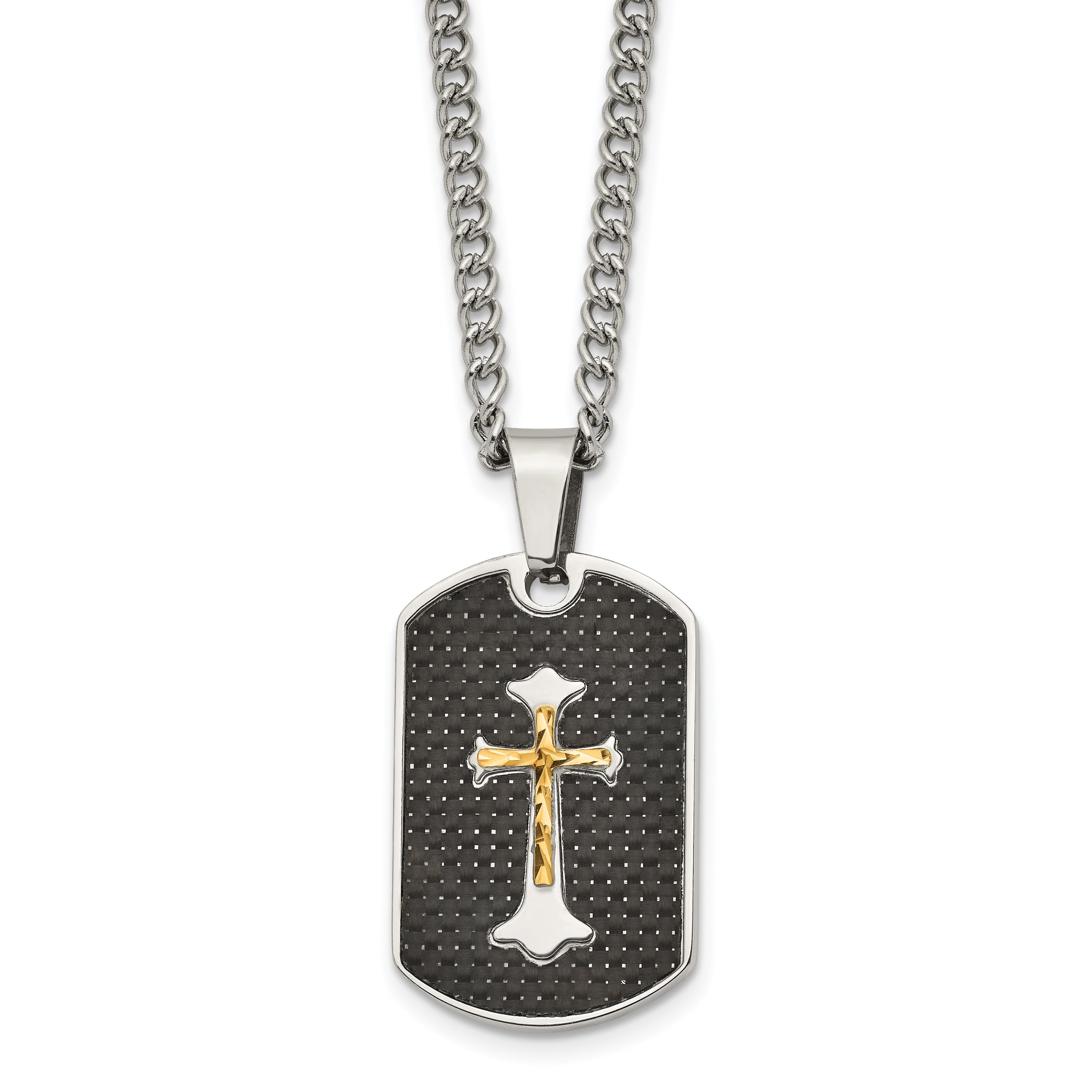 Stainless Steel Carbon Fiber Inlay Gold IP-plated D/C Cross Necklace SRN1947