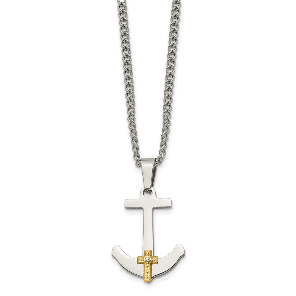 Chisel Stainless Steel Polished with 14k Gold and .02 Carat Diamond Anchor Mariner Cross Pendant on a 24 inch Curb Chain N...