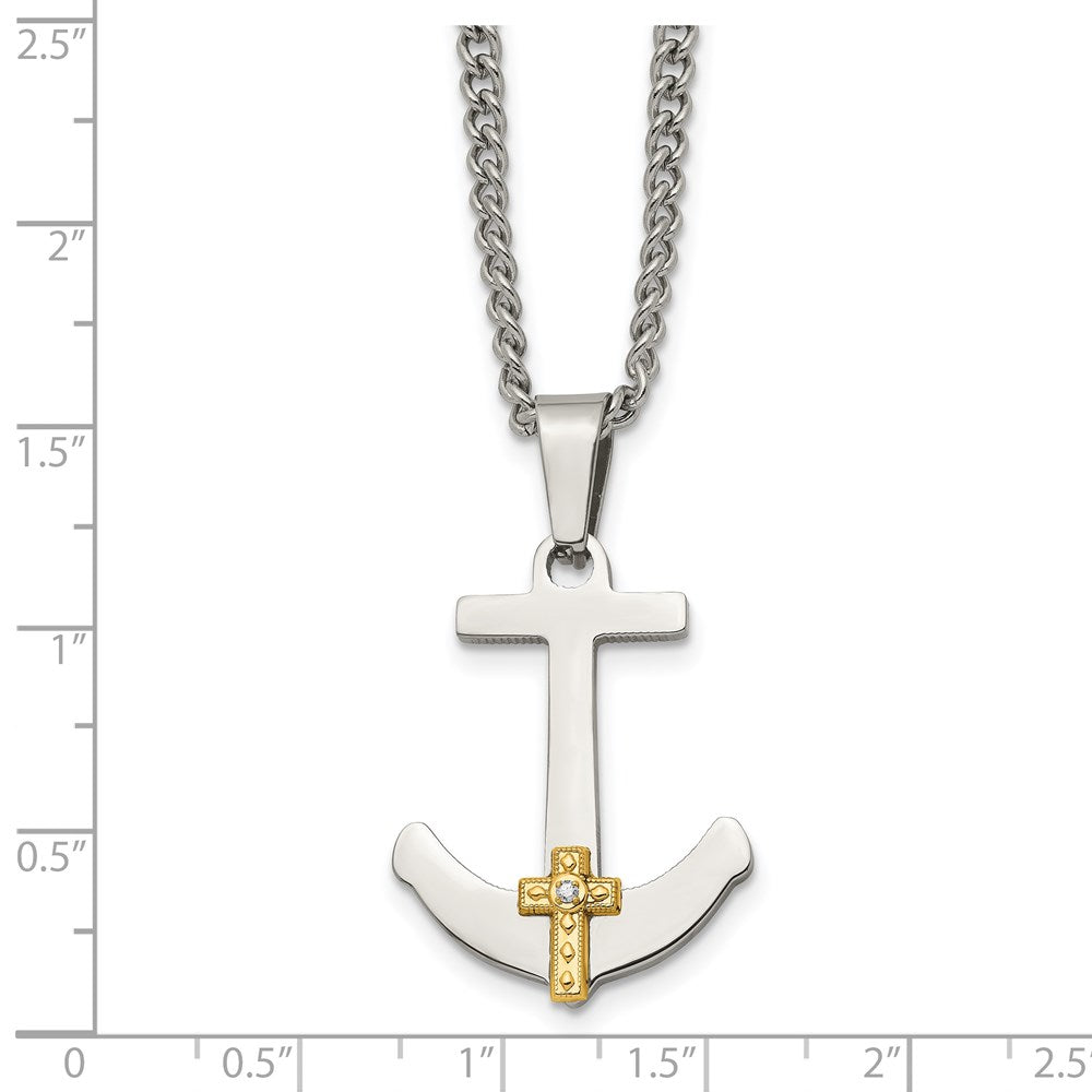 Chisel Stainless Steel Polished with 14k Gold and .02 Carat Diamond Anchor Mariner Cross Pendant on a 24 inch Curb Chain N...